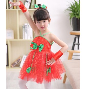 Red  with green patchwork sequined girls kids child children toddlers jazz dance modern dance performance dance dresses 